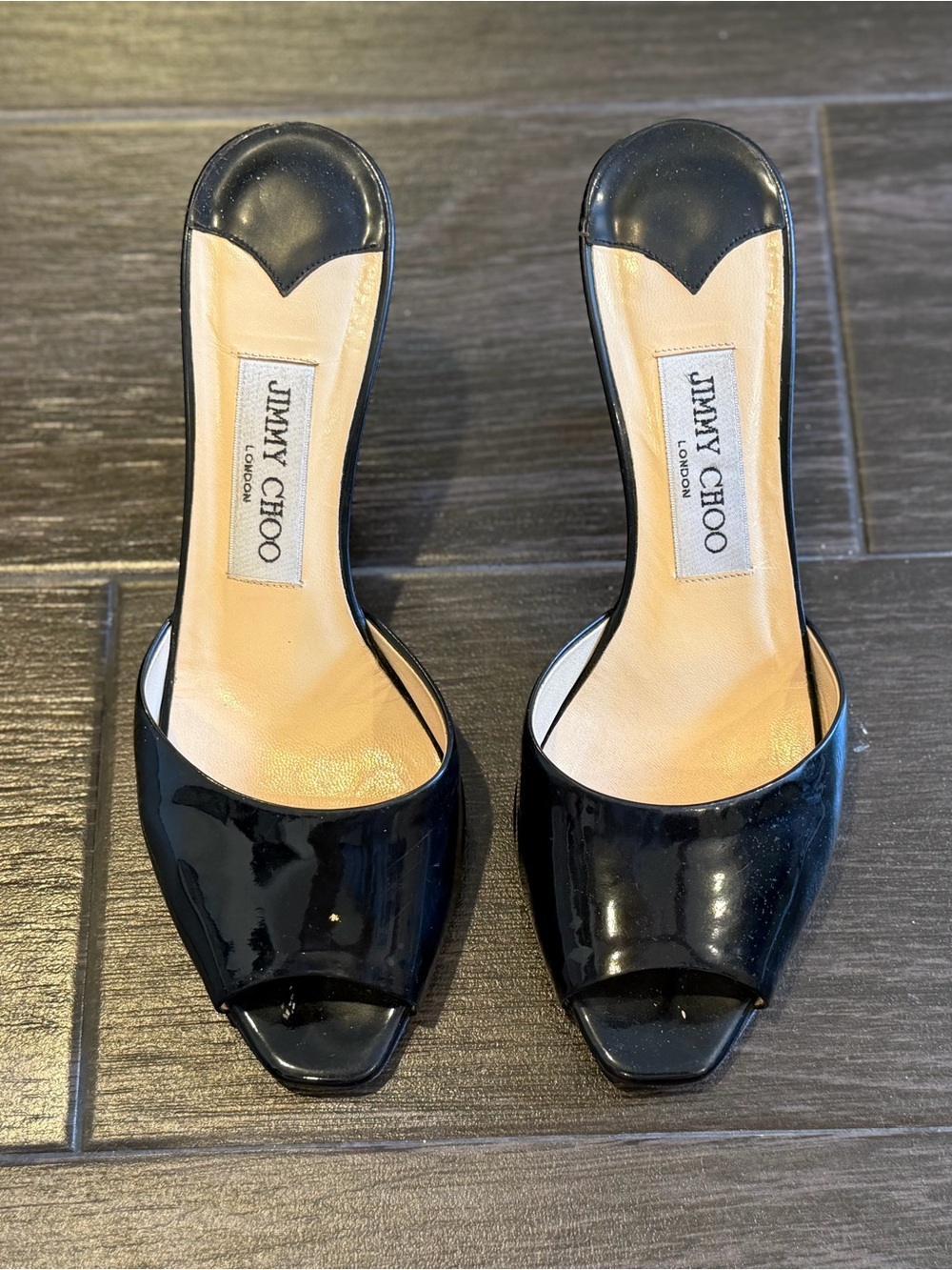 Jimmy Choo Black Patent Leather Peep-Toe Mules
